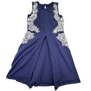 eShakti Dress Women's Small Blue Sleeveless Lace Trim Midi Knee Length Elegant